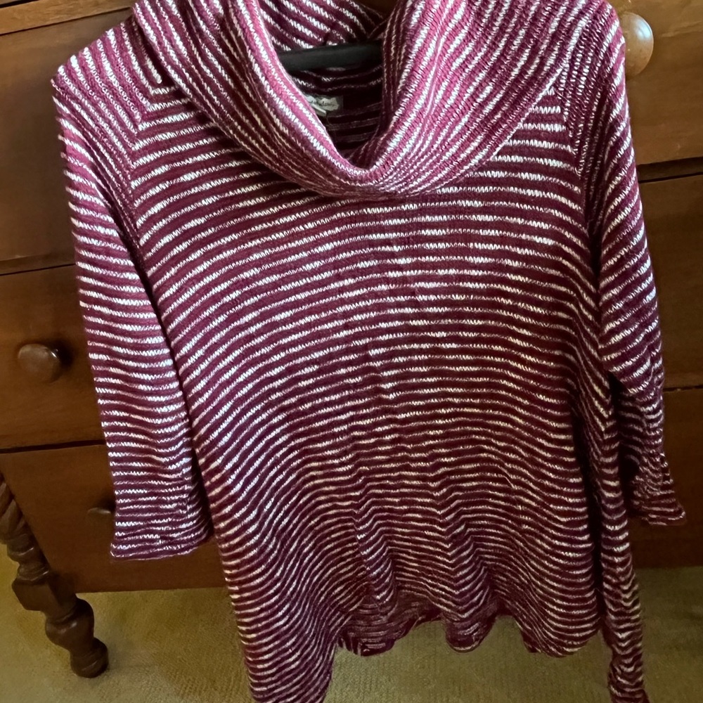 Red and white cowl neck sweater